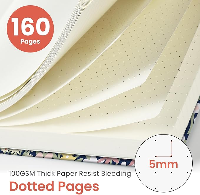 Taja Pretty Dotted Journal for Women, Aesthetic Cute Hardcover Leather Journal for Writing, A5 Journaling Notebook for Work & Sketch, Perfect for Office School Home, 160 Pages, Petite Blooms