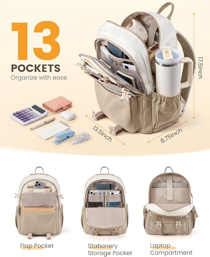 LOVEVOOK School Backpack for Teen Girls, Bookbag for 8-16 Student, Middle High College Back to School Cute Kids Backpack, 17.3 Inch, Khaki-beige