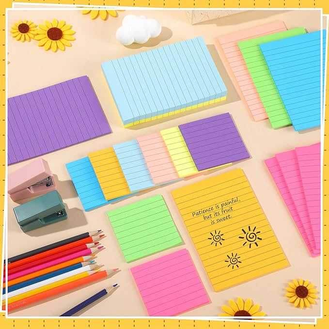 Yexiya 64 Pcs Lined Sticky Notes Self Stick Notes with Lines Bright Assorted Colors Sticky Pad for Home Office Products Post Memos, 1920 Sheets(4 x 6 Inch, 3 x 3 Inch,Vivid Color)