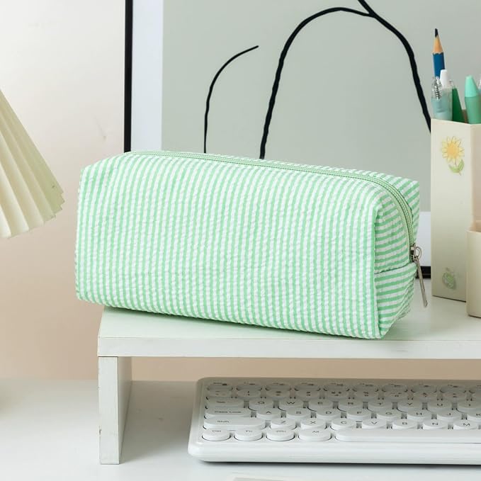 Cute Large Capacity Pencil Case | Aesthetic Striped Pencil Pouch for Office Supplies Organizer (Green)