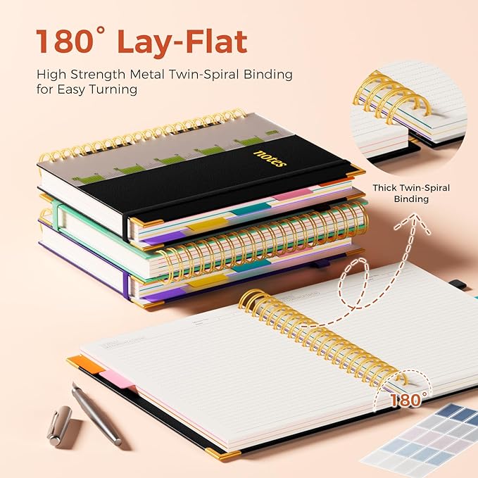 XYark A4 Hardcover Spiral Notebook, 8.5"x11" College Ruled Notebooks with Removable Dividers Tabs & Ruler, 5 Subject Notebook 300 Pages, Large Lined Journal for Women Men School Work Office, Black