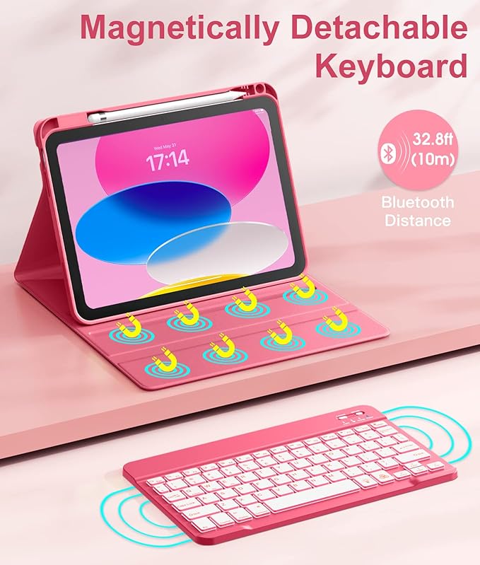 Hamile for iPad 11th 10th Generation Case with Keyboard - 7 Colors Backlit Wireless Detachable Folio Keyboard Cover with Pencil Holder for iPad 11-inch A16 2025 10th Gen 10.9 Inch 2022 (Pink)