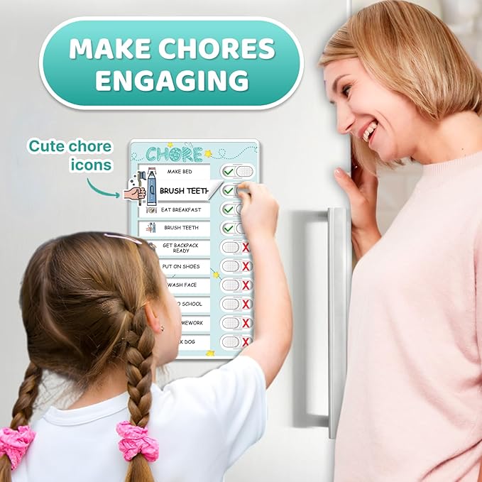 Dry Erase Kids Chore Chart for 2 Kids Pink and Blue - Magnetic Routine Chart with Slider Cute Design Stickers, Morning Bedtime Routine Chart for Toddlers Visual Schedule for Kid