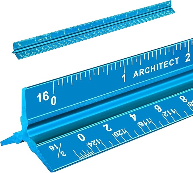 Architectural Scale Ruler, Imperial Measurements 12'', Laser-Etched Aluminum Architect Triangular Ruler for Architects, Students, Draftsman, and Engineers(Blue)