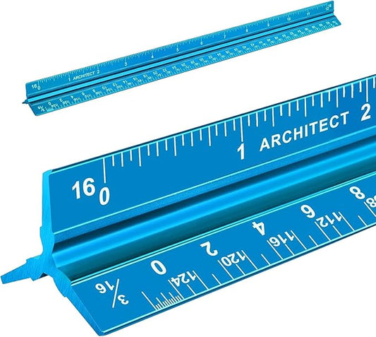 Architectural Scale Ruler, Imperial Measurements 12'', Laser-Etched Aluminum Architect Triangular Ruler for Architects, Students, Draftsman, and Engineers(Blue)