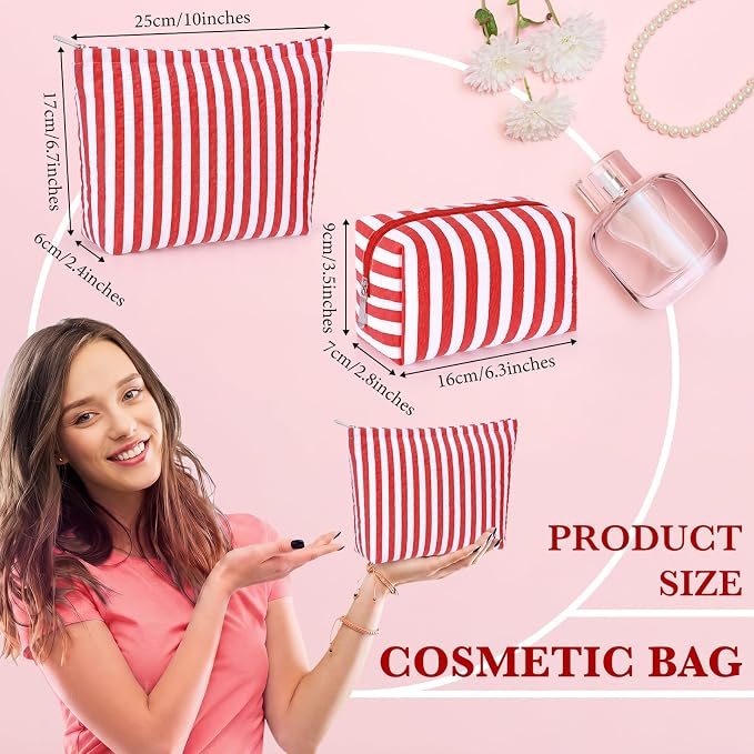 Huhumy 2 Pcs Makeup Bag Set for Women, Red, Wide Striped Seersucker | Cute Cosmetic Pouch Women Travel Toiletry Bag Preppy Small Makeup Purse Pouch Aesthetic Skincare Brushes Storage Organizer
