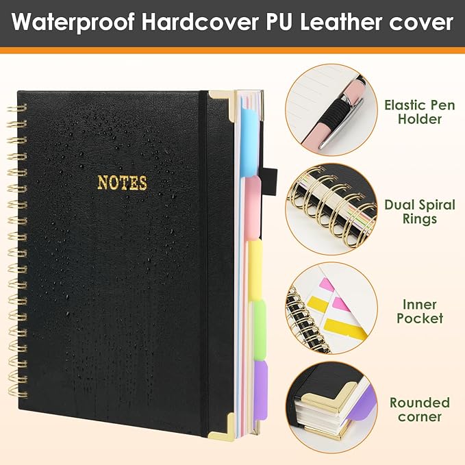 LABUK Leather Spiral 5 Subject Notebook with Removable Dividers Tabs, 300 Pages B5 Hardcover Spiral Notebook, 8"x10" Journal for Work School Note Taking, College Ruled Journal for Women, Black
