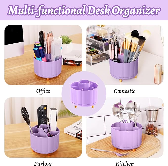Purple Desk Decor Organizer 360 Rotating, 6 Slots Pen Cup Holder for Office, Classroom & Home, Cute Office Supplies, Cubicle Decor, Rotating Art Supply Storage (4.9 Inches)