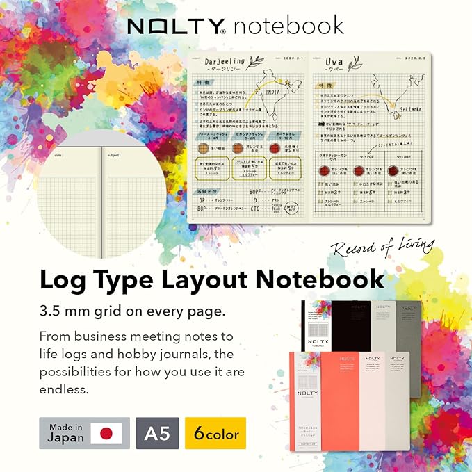 NOLTY Notebook, A5 Log Type, 3.5mm Grid, 176 Pages, Made in Japan, Gray, NTBNT1202