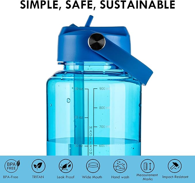 OLDLEY 32 oz Clear Water Bottle with Straw,Tritan BPA-Free, Wide Mouth, Leak Proof - for Gym, Travel, Home, School, Office (Blue)