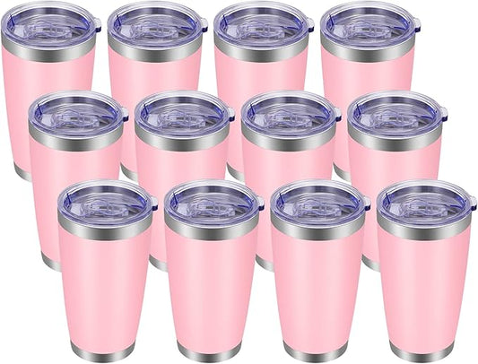 VEGOND 20oz Tumbler with Lid and Straw Stainless Steel Tumbler Cup Bulk Vacuum Insulated Double Wall Travel Coffee Mug Powder Coated Coffee Cup, Pink, 12 Pack
