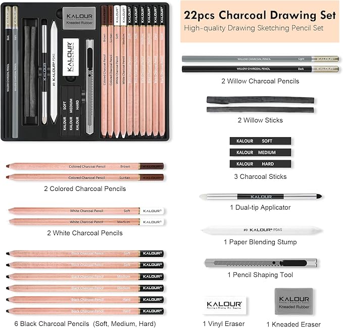 KALOUR PDAS 22pcs Charcoal Drawing Set, Professional Art Supplies, Black & White Charcoal Pencils for Drawing, Sketching, Shading, Blending, Artist Pencils for Beginners & Pro Artists