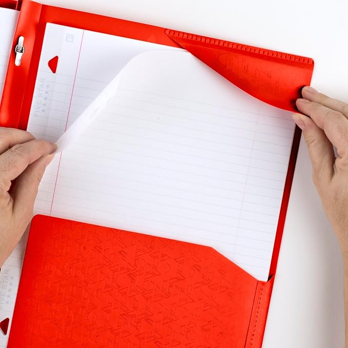 Five Star 2 Pocket Folder, Stay-Put Folder, Plastic Colored Folders with Pockets & Prong Fasteners for 3-Ring Binders, 8-1/2” x 11", Fire Red (72109) (Pack of 3)