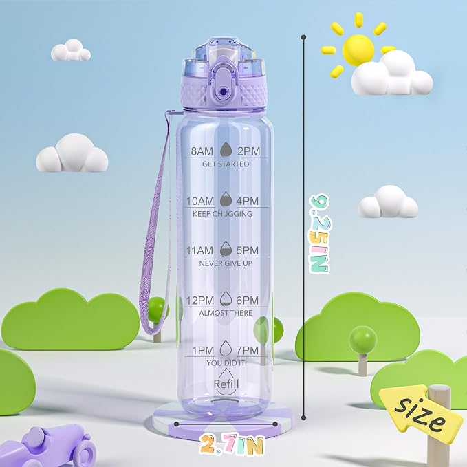 OLDLEY 17oz Kids Water Bottle, Tritan BPA-Free, Leakproof Flip Straw Lid, Motivational Time Marker, Carry Strap, Reusable Clear Water Bottle for Boys & Girls,Amethyst