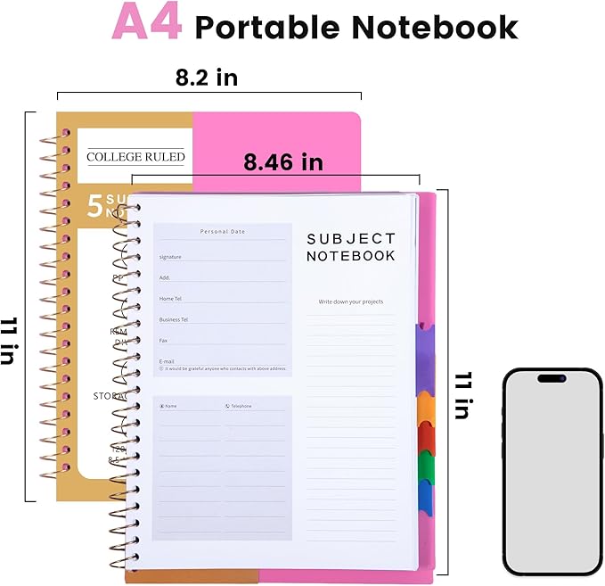 CAGIE Spiral Notebooks for School Work with Removable Dividers Tabs, 8.5” x 11” 5 Subject Notebook College Ruled, Large Lined Journaling Notebook for Women Men Writing, Pink