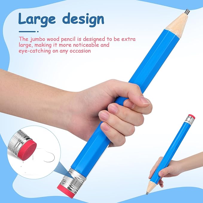 2pcs Giant Wooden Pencils Oversized Blue Jumbo Stationery for Writing Drawing School Supplies Preschoolers
