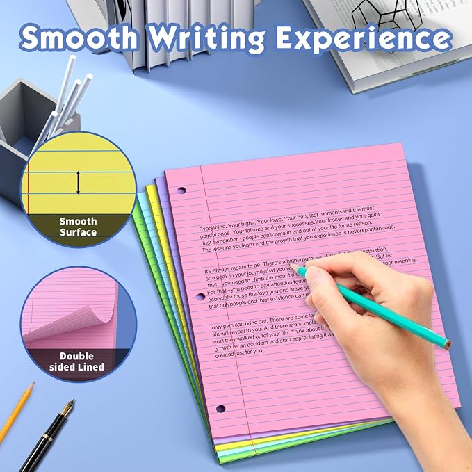 100 Sheets Colored 8x10.5 Inch Loose Leaf Paper, 5 Colored College Ruled 3 Hole Punched Notebook Paper, Color-Coded Note Taking for Students & Teachers, Office & School Supplies，20 Sheets Per Color