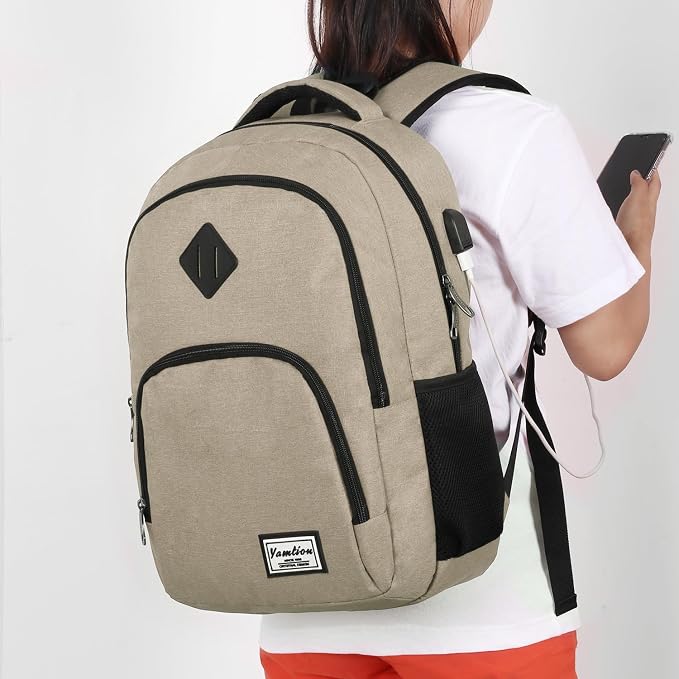 YAMTION School Backpack with USB Charging Port for Laptop College Travel Work Office Teens Beige Beige 15.6 Inches