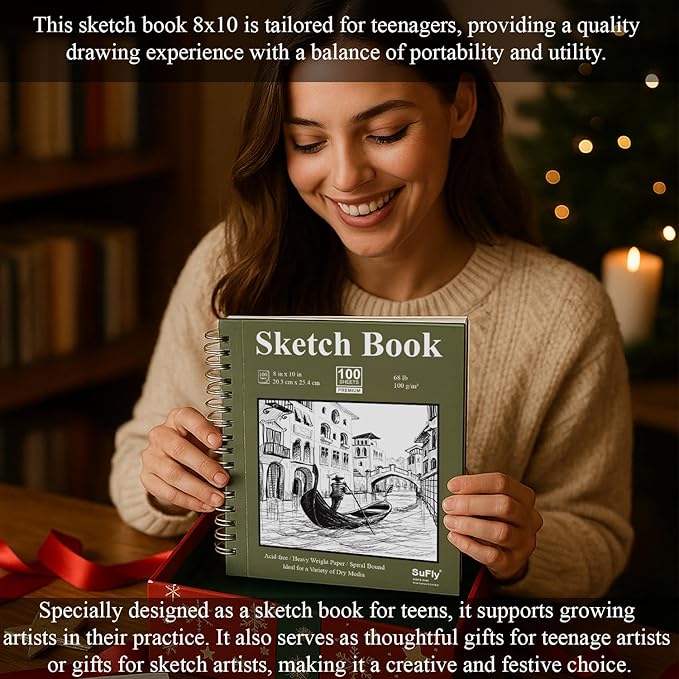SuFly Spiral Bound Sketchbook 8x10, 100 Sheets Hardcover Sketch Books, 68lb/100gsm Sketch Paper, Sketch Pads for Drawing for Adults, Sketchbook for Art Class & School.