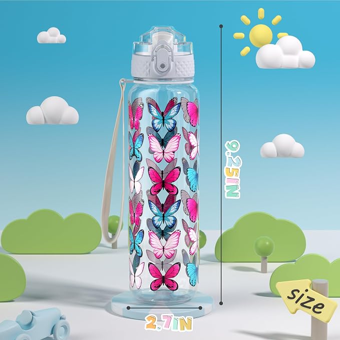 OLDLEY 17oz Kids Water Bottle, Tritan BPA-Free, Leakproof Flip Straw Lid, Motivational Time Marker, Carry Strap, Reusable Clear Water Bottle for Boys & Girls,Clear Butterflies