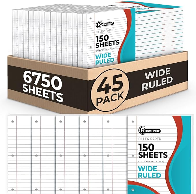Rosmonde Loose Leaf Paper Bulk, 6750 Sheets, Wide Ruled Sheets, Bulk Notebook Paper, 8" x 10.5", Loose Leaf Papers, 3 Hole Punched for Standard Binders, 45 Pack, 150 Sheets/Pack, Filler-Paper, White