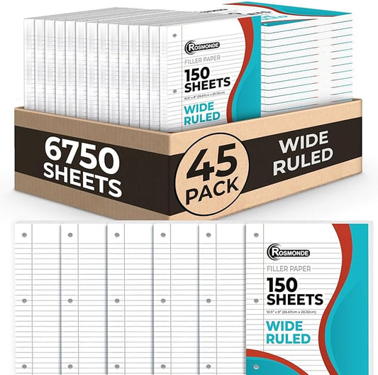 Rosmonde Loose Leaf Paper Bulk, 6750 Sheets, Wide Ruled Sheets, Bulk Notebook Paper, 8" x 10.5", Loose Leaf Papers, 3 Hole Punched for Standard Binders, 45 Pack, 150 Sheets/Pack, Filler-Paper, White