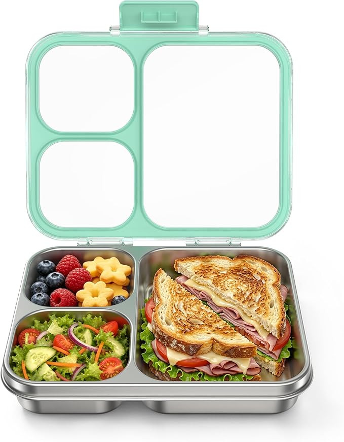 HOMEKOL Stainless Steel Bento Lunch Box, 3-Compartment Leak-Proof Metal Lunch Container for Kids & Adults, BPA-Free, Dishwasher Safe, Clear Tritan Lid, 4.2Cups/1000ml Green (Not Insulated)