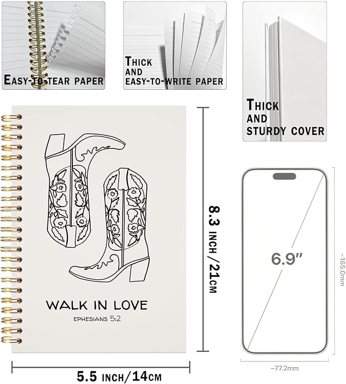 UTELKA Sermon Notes Journal, Bible Journal Bible Study Supplies Notebook, Western Bible Study Journal 5.5x8.3, Cowgirls Boots Walk in Love Inspirational Notes Notebook For Office Work Christian Gifts