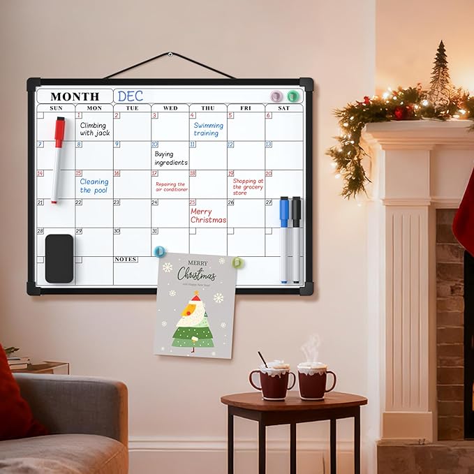 MaxGear Monthly Calendar Dry Erase Board for Wall, 16"x12" Small Hanging Double-Sided White Board, Portable Whiteboard for Planning, Drawing, Memo, to Do List, School, Home, Office, Black Frame
