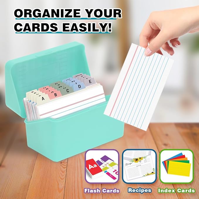 H4D 3x5 Index Card Holder with 100 Heavyweight Ruled Index Cards and 25 Plastic Dividers, Mint Green