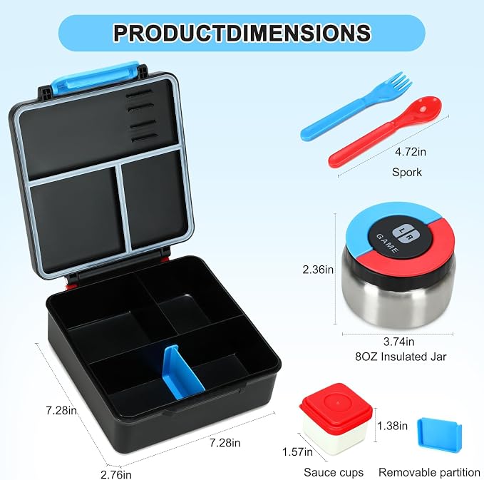 Gamer Bento Lunch Box for Kids, 60 OZ Kids Lunch Box with 8 OZ Leakproof Stainless Steel Insulated Food Jar, 3-4 Compartments Bento Box for School, Includes Sauce Cup & Divider (Blue-Red-A2)