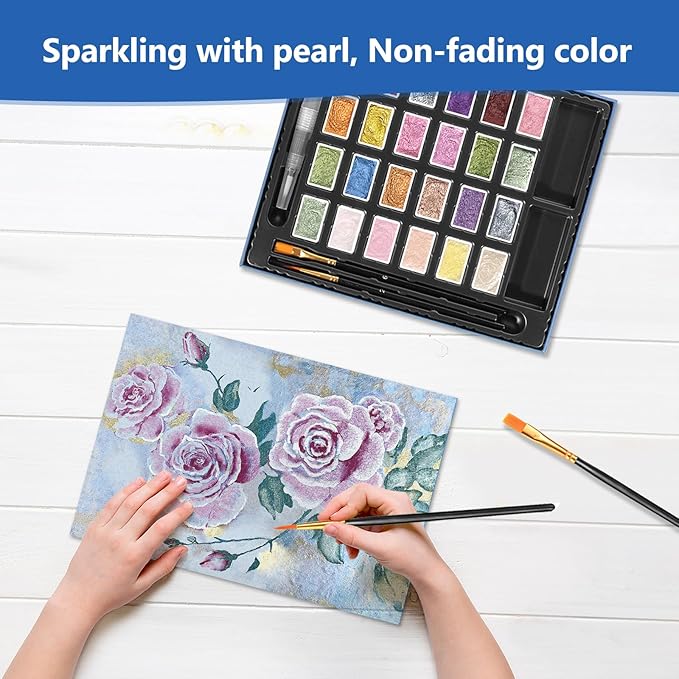 CraftyManor 3ml Glitter Watercolor Paint Set with Paper, 24 Colors Shimmer Metallic Watercolour Painting Sets, Solid Pearl Water Color Paints for Adult, Rococo Style (Rococo 24Colors-L)