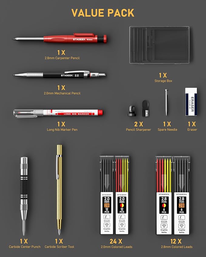 STAGEEK 14 Pack Carpenter Pencil Set with Sharpener | Construction Pencil Set with Deep Hole Long-Nib Markers , Woodworking Tool & Carpenter Pencils for Architect, DIY with Case