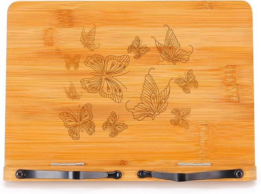 MEGREZ Bamboo Book Stand 13.2 x 9.4 inch, Foldable Cookbook Holder with 6 Adjustable Height, Reading Book Holder for Recipe, Music Book, Textbook, Tablet Stand, Butterflies