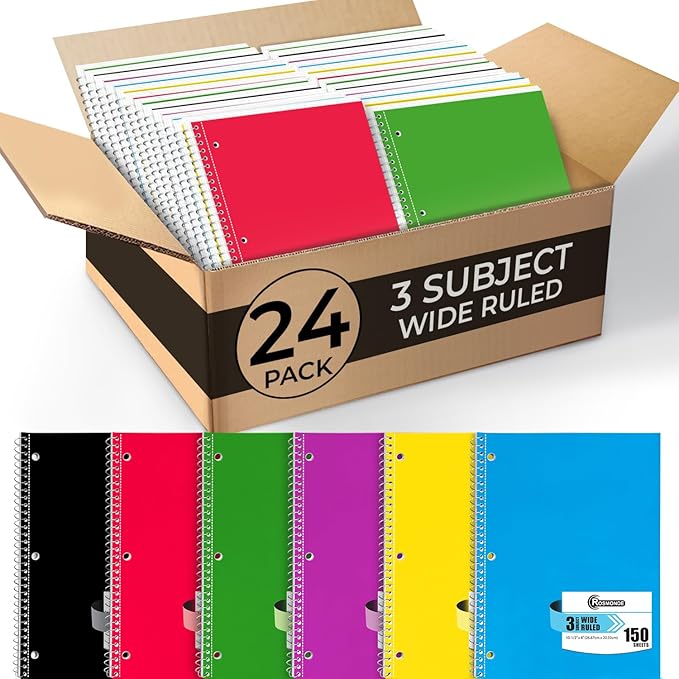 Rosmonde 24 Pack 3 Subject Spiral Notebook Wide Ruled Bulk, Thick Paper, Extra Pages - 300 Pages (150 Sheets), 8 x 10-1/2", Bulk Subject Notebooks for Home & Writing Daily Chores, Bulk Spiral Notebook