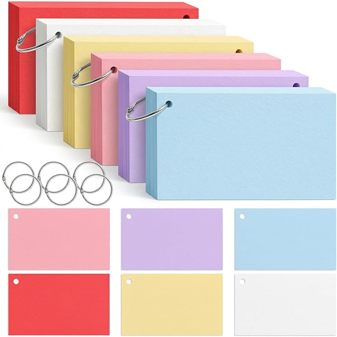 BOOKNOW Index Cards 3x5, Flash Cards with Ring, 260PCS Colored Notecards for Studying, Portable Notecards Note Taking for Students, Teachers, Office Home School, 6 Colors