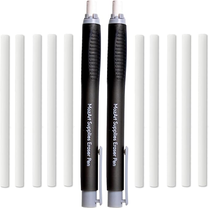 MozArt Eraser Pen Set 2 Pens + 10 Jumbo Refills for Mechanical Pencil | Precision Eraser Pens for Sketch, Drafting, Architecture & Art – Refillable Design for Artists, Students & Architects