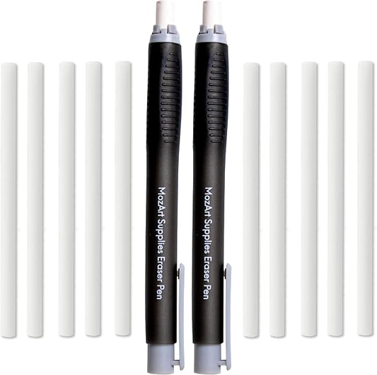 MozArt Eraser Pen Set 2 Pens + 10 Jumbo Refills for Mechanical Pencil | Precision Eraser Pens for Sketch, Drafting, Architecture & Art – Refillable Design for Artists, Students & Architects