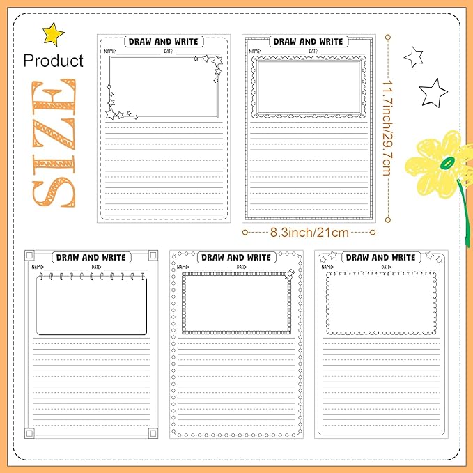 Motiskyy 100 Sheets Kindergarten Draw and Write Paper with Picture Space and Lines for Kids Abc 8.3 x 11.7 Inches Story Paper Bulk for Handwriting Practice Primary Creating Write Beginner School
