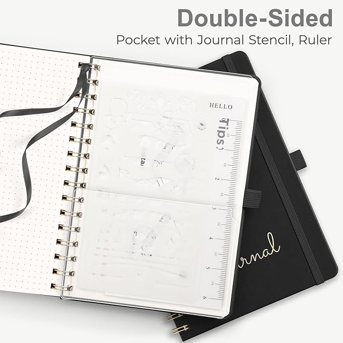 EMSHOI Dotted Journal Spiral Notebook, 140 Pages, A4 Large 8.27"x11.2", PU Leather Hardcover, 100 GSM Thick Paper, 5mm Dot Grid Notebook for Journaling, Planning, Drawing, Writing, Black