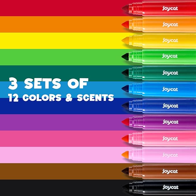 JoyCat 36 Count Scented Washable Markers Bulk, 12 Vibrant Colors (3 of Each) with Fun Fruit Scents, Broad Line Conical Tip Art Supplies, Non-Toxic Classroom Pack for Kids & Toddlers