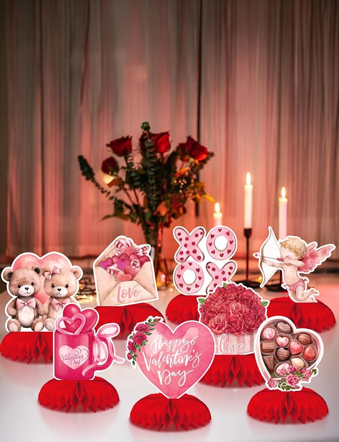 Valentine Honeycomb Centerpieces for Table, 9Pcs Valentine Table Decorations 3D Valentines Centerpiece Red Pink Valentine's Day Decorations Bear Heart Table Toppers for Valentine Party Supplies