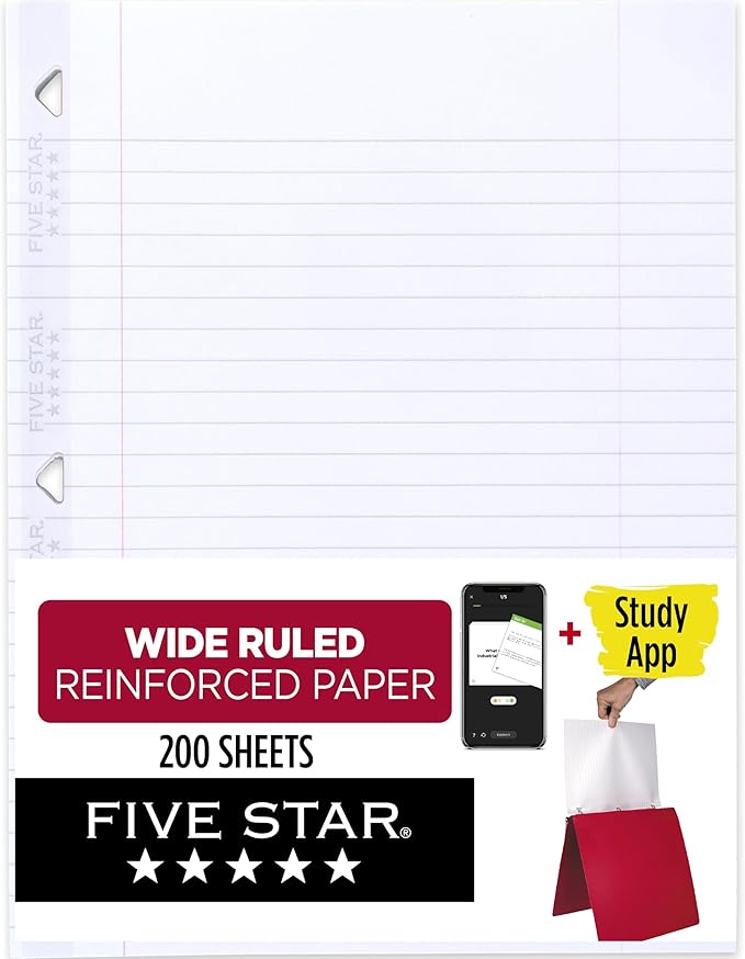 Five Star Loose Leaf Paper + Study App, Wide Ruled Filler Notebook Paper, Reinforced, Fights Ink Bleed, 8" x 10-1/2", 200 Sheets (150039-ECM) (Pack of 6)