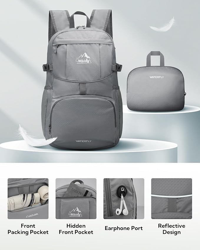 WATERFLY Hiking Packable Daypack Backpack: 35L Ultra Lightweight Day Pack for Women Men - Large Foldable Back Pack for Outdoor Sport Cycling Camping Travel Trip - Gray