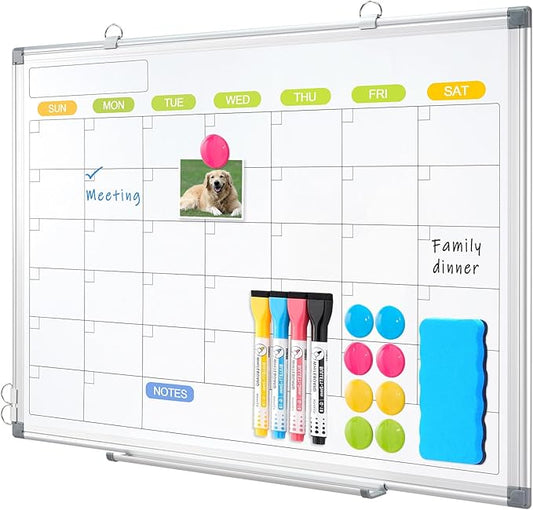 Dry Erase Calendar Whiteboard for Wall, WALGLASS 36" x 24" Magnetic White Board, Monthly Dry Erase Calendar with Silver Aluminum Frame, Double-Sided Hanging Portable Board for Office, Home, School