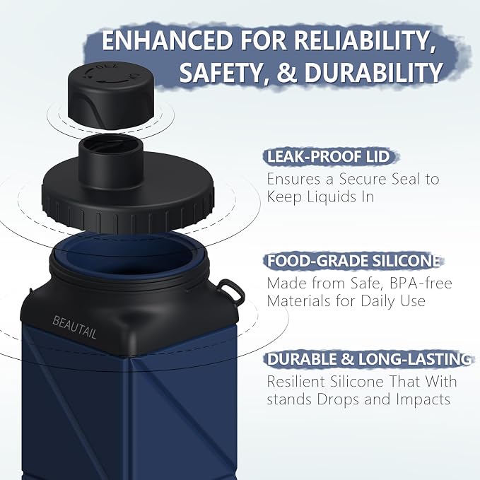 BEAUTAIL Collapsible Water Bottles 21 oz, Silicone Portable Water Bottle | BPA Free, Leakproof & Reusable, Foldable Water Bottle for Travel, Hiking, Camping, Cycling, School, Gym, 1-Pack, DarkBlue