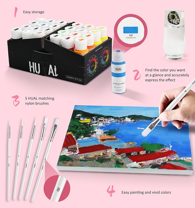 HUAL Acrylic Paint Set with 5 Brushes, 24 Colors (60ml, 2oz) for Artists Kids Beginners & Painters,Model/Canvas/Rock/Fabric/Glass/Stone/Ceramic/Wood Painting, Non Toxic