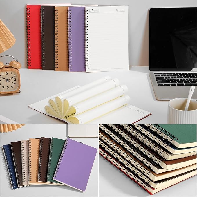 Leelosp 12 Pcs Small Spiral Notebook Lined Spiral Journal College Ruled Notebook Wire Bound Kraft Cover, 120 Pages for Work (Dark Color,5.5 x 8.3 Inch)