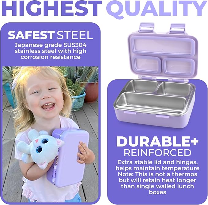 kinsho Small Stainless Steel Bento Box Lunch Container Baby Toddlers Purple | Mini Lunchbox, 3 Eco Metal Portion Sections, Leakproof Lid, Spill-Proof, 18 oz Girls Kids Snack Container Pre School Daycare