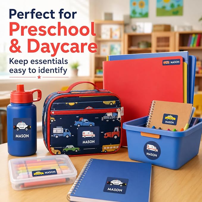 Andaz Press Custom Personalized Waterproof School Name Labels, Fire Truck Police Car School Bus, 120-Pack, Kids Labels Combo Pack, Customizable Multi-Use Name Stickers for Preschool, Daycare, Supplies